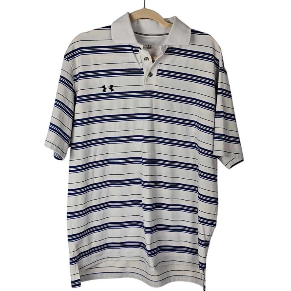 Under Armour polo shirt mens MD white blue stripe short sleeve
